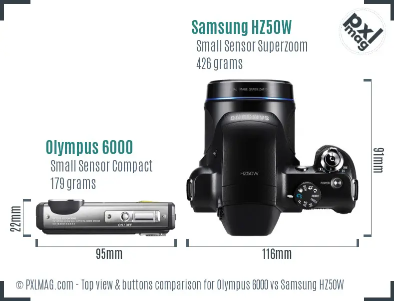 Olympus 6000 vs Samsung HZ50W top view buttons comparison