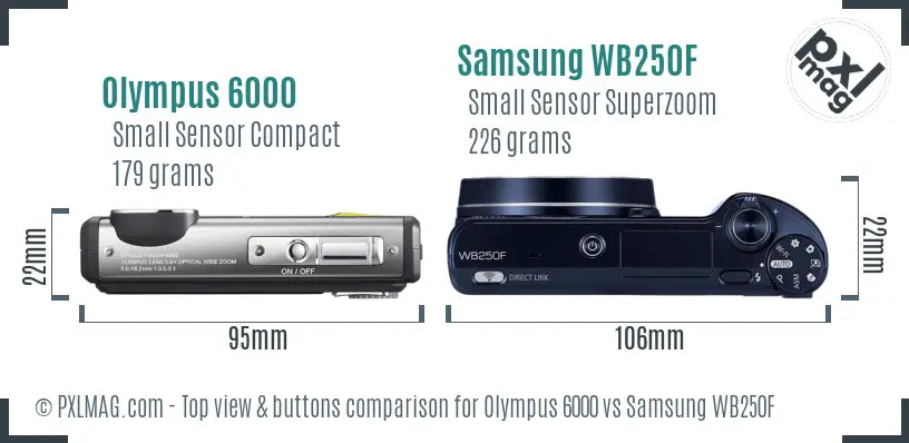 Olympus 6000 vs Samsung WB250F top view buttons comparison Olympus 6000 vs Samsung WB250F top view buttons comparison