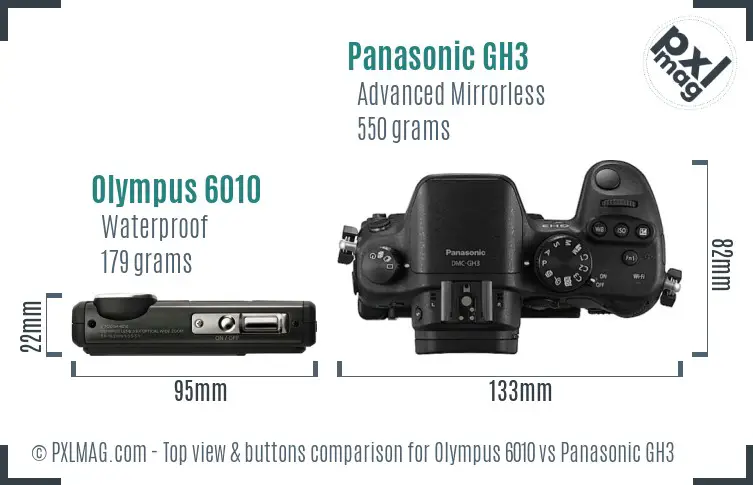 Olympus 6010 vs Panasonic GH3 top view buttons comparison Olympus 6010 vs Panasonic GH3 top view buttons comparison