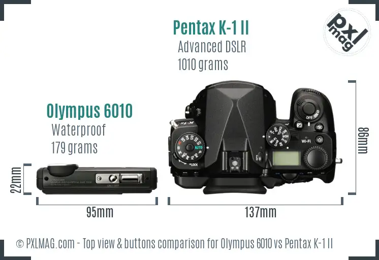 Olympus 6010 vs Pentax K-1 II top view buttons comparison
