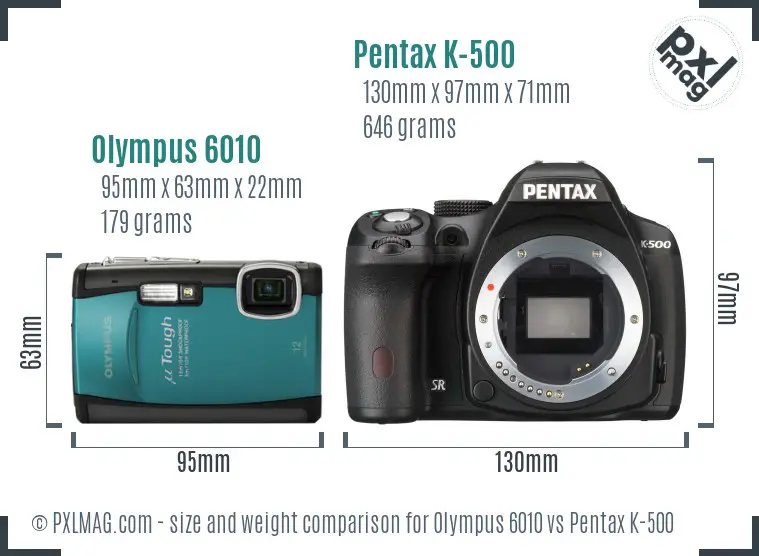 Olympus 6010 vs Pentax K-500 size comparison