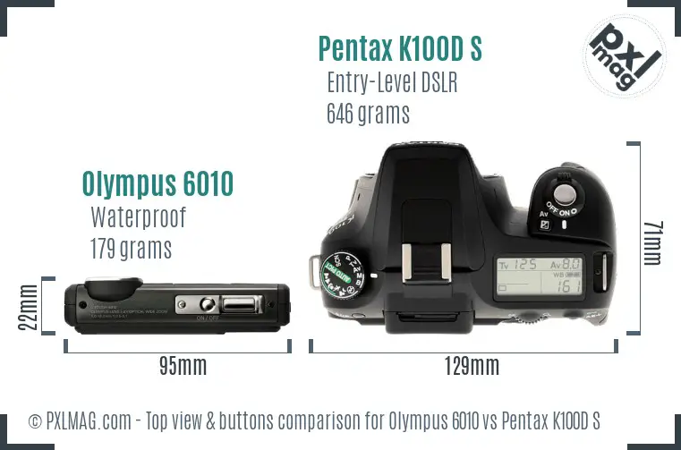 Olympus 6010 vs Pentax K100D S top view buttons comparison Olympus 6010 vs Pentax K100D S top view buttons comparison