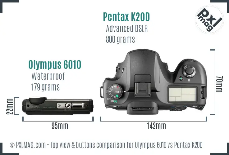 Olympus 6010 vs Pentax K20D top view buttons comparison Olympus 6010 vs Pentax K20D top view buttons comparison