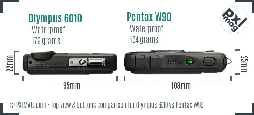 Olympus 6010 vs Pentax W90 top view buttons comparison