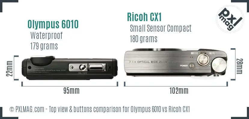 Olympus 6010 vs Ricoh CX1 top view buttons comparison Olympus 6010 vs Ricoh CX1 top view buttons comparison