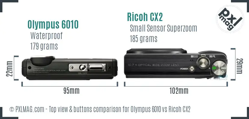 Olympus 6010 vs Ricoh CX2 top view buttons comparison Olympus 6010 vs Ricoh CX2 top view buttons comparison