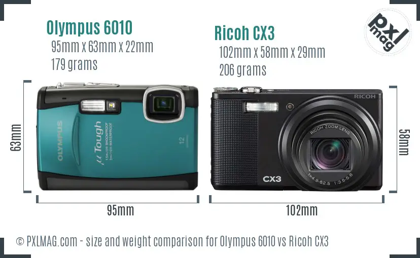 Olympus 6010 vs Ricoh CX3 size comparison