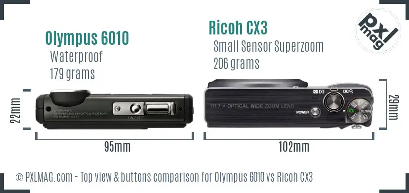 Olympus 6010 vs Ricoh CX3 top view buttons comparison