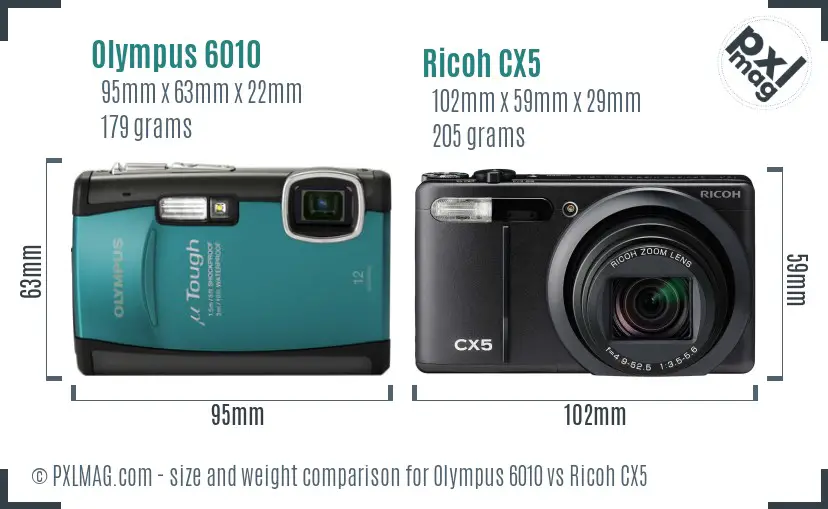 Olympus 6010 vs Ricoh CX5 size comparison