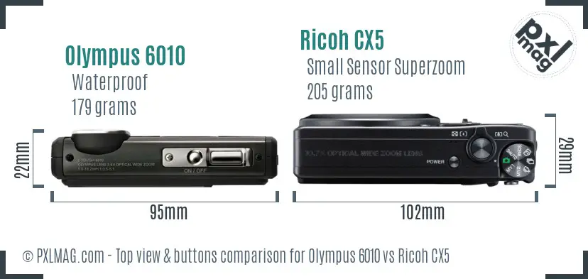 Olympus 6010 vs Ricoh CX5 top view buttons comparison
