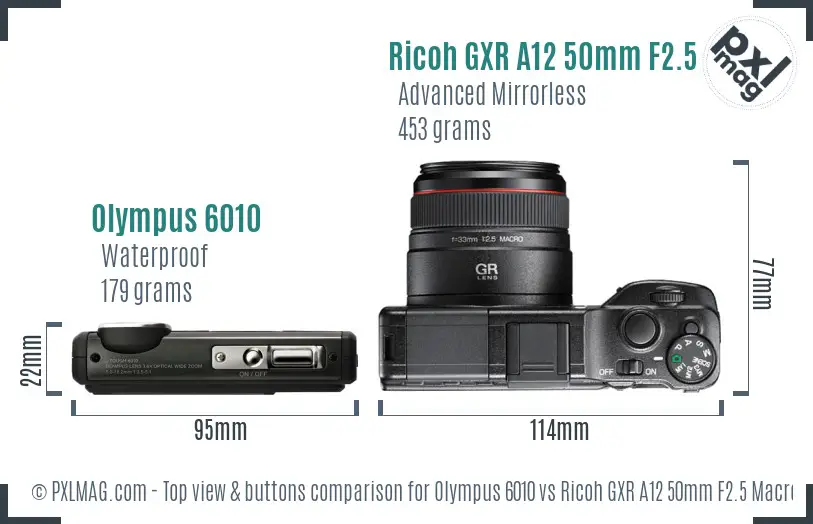 Olympus 6010 vs Ricoh GXR A12 50mm F2.5 Macro top view buttons comparison Olympus 6010 vs Ricoh GXR A12 50mm F2.5 Macro top view buttons comparison
