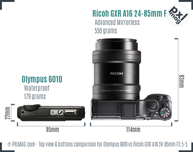 Olympus 6010 vs Ricoh GXR A16 24-85mm F3.5-5.5 top view buttons comparison