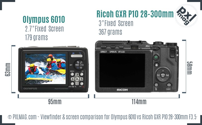 Olympus 6010 vs Ricoh GXR P10 28-300mm F3.5-5.6 VC Screen and Viewfinder comparison