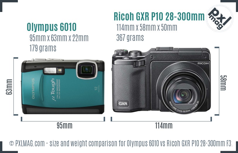 Olympus 6010 vs Ricoh GXR P10 28-300mm F3.5-5.6 VC size comparison