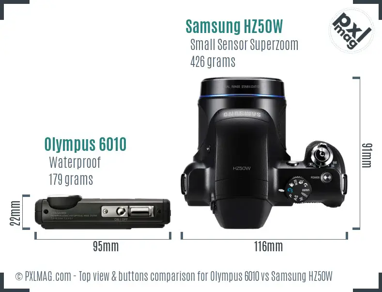 Olympus 6010 vs Samsung HZ50W top view buttons comparison