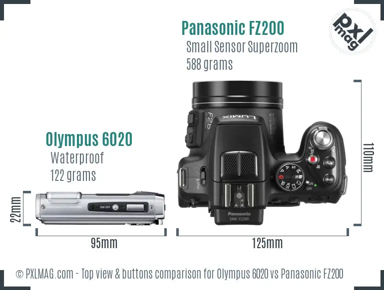 Olympus 6020 vs Panasonic FZ200 top view buttons comparison Olympus 6020 vs Panasonic FZ200 top view buttons comparison