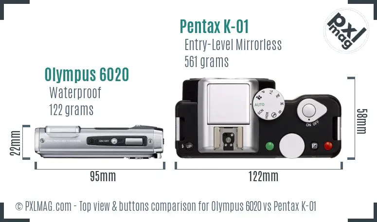 Olympus 6020 vs Pentax K-01 top view buttons comparison