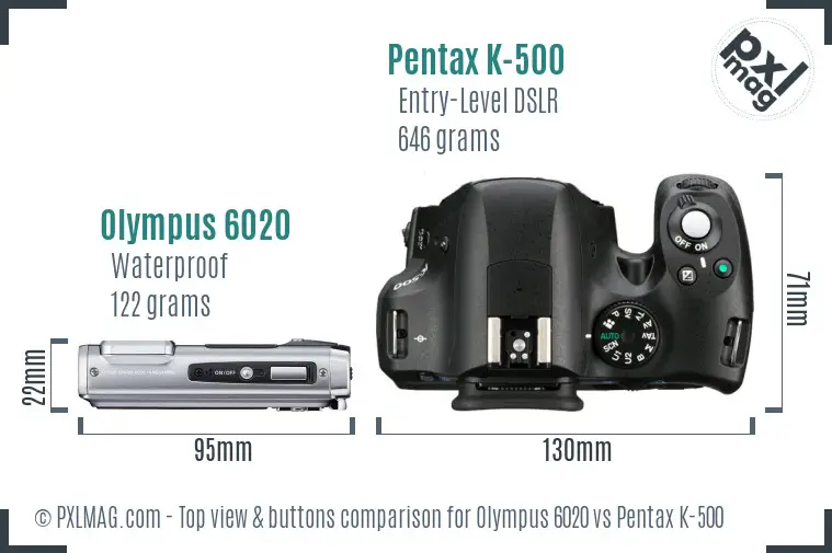 Olympus 6020 vs Pentax K-500 top view buttons comparison Olympus 6020 vs Pentax K-500 top view buttons comparison