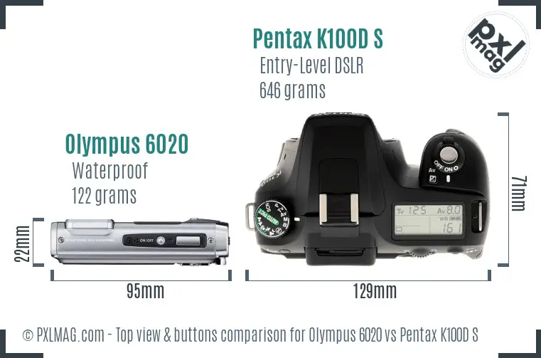 Olympus 6020 vs Pentax K100D S top view buttons comparison