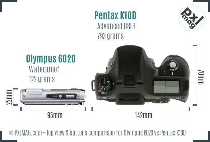 Olympus 6020 vs Pentax K10D top view buttons comparison