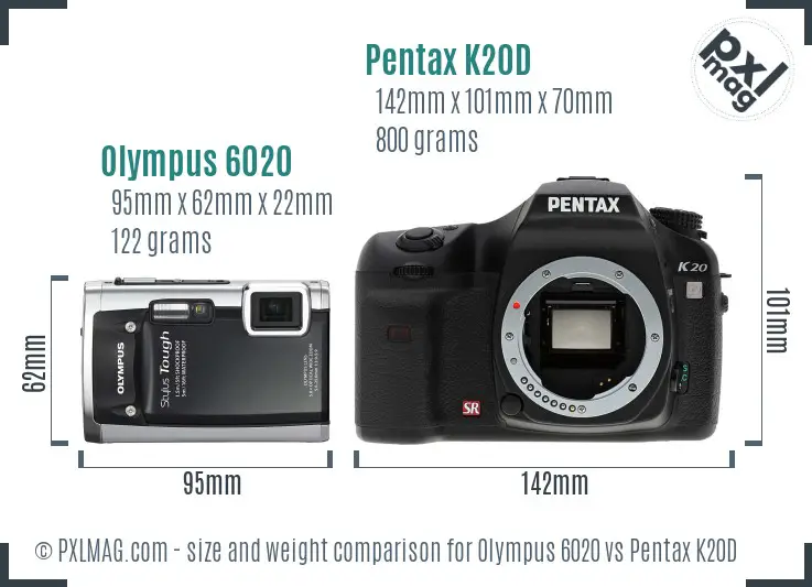 Olympus 6020 vs Pentax K20D size comparison