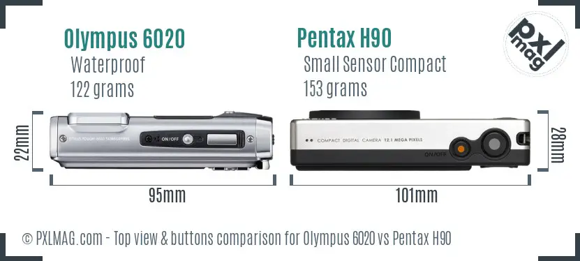 Olympus 6020 vs Pentax H90 top view buttons comparison Olympus 6020 vs Pentax H90 top view buttons comparison