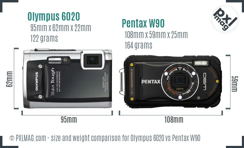 Olympus 6020 vs Pentax W90 size comparison