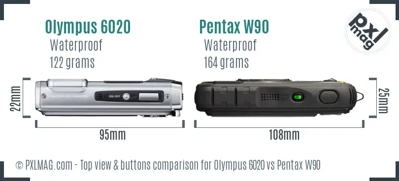 Olympus 6020 vs Pentax W90 top view buttons comparison