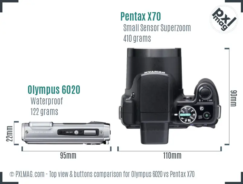 Olympus 6020 vs Pentax X70 top view buttons comparison Olympus 6020 vs Pentax X70 top view buttons comparison