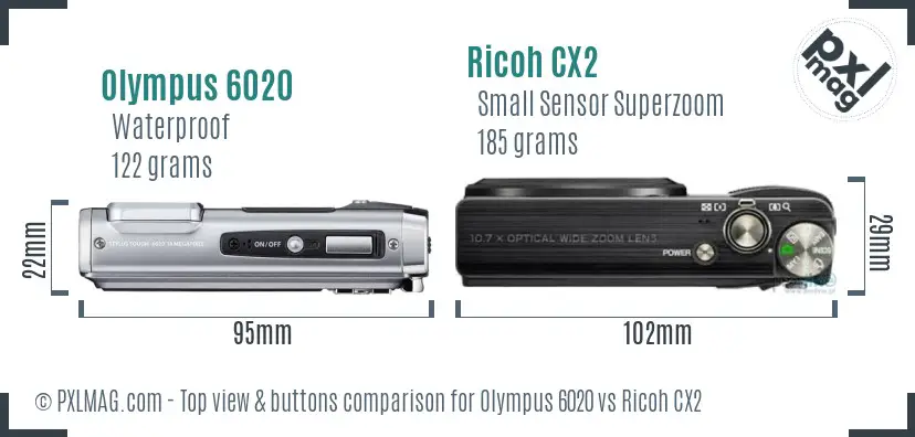 Olympus 6020 vs Ricoh CX2 top view buttons comparison Olympus 6020 vs Ricoh CX2 top view buttons comparison