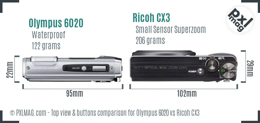 Olympus 6020 vs Ricoh CX3 top view buttons comparison Olympus 6020 vs Ricoh CX3 top view buttons comparison