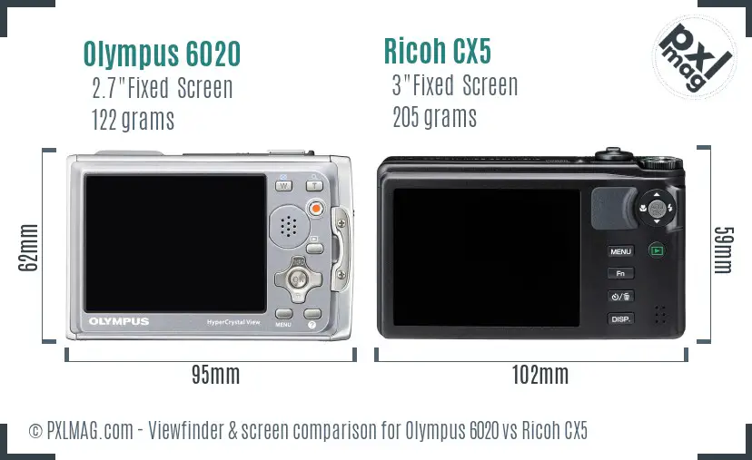 Olympus 6020 vs Ricoh CX5 Screen and Viewfinder comparison