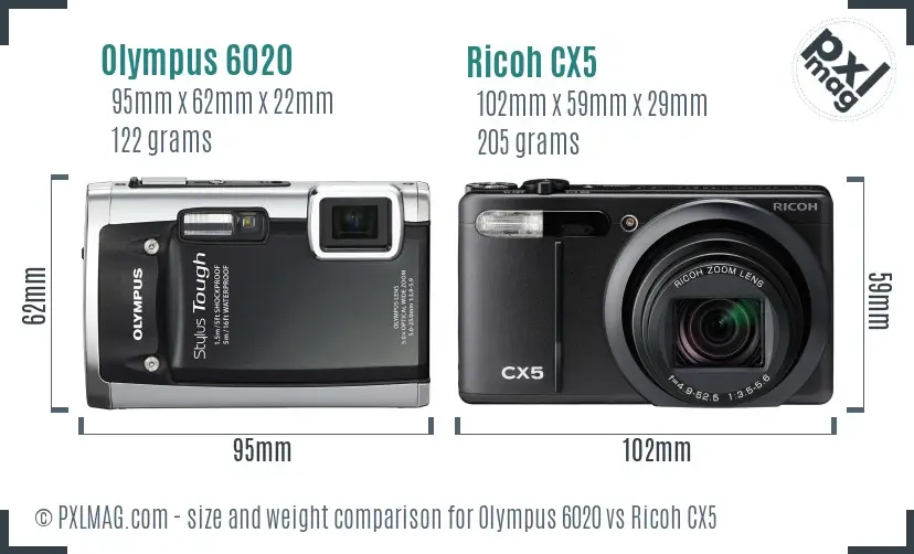 Olympus 6020 vs Ricoh CX5 size comparison