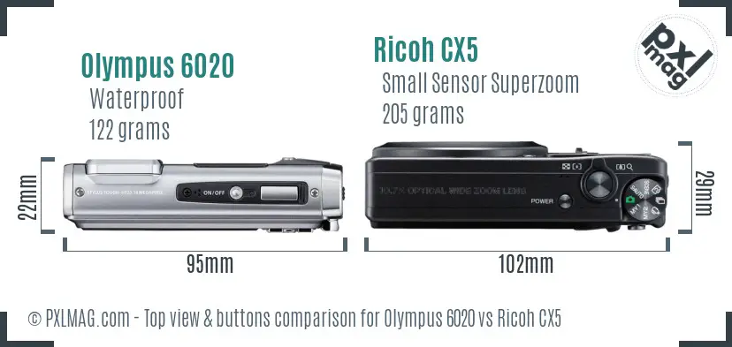 Olympus 6020 vs Ricoh CX5 top view buttons comparison