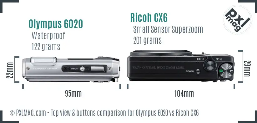 Olympus 6020 vs Ricoh CX6 top view buttons comparison Olympus 6020 vs Ricoh CX6 top view buttons comparison