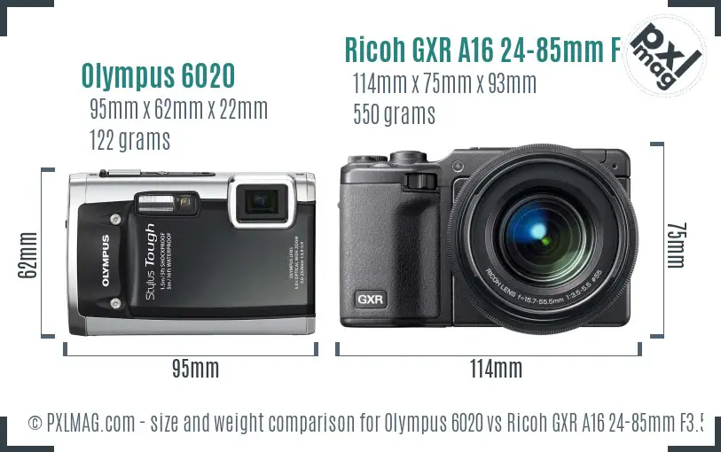 Olympus 6020 vs Ricoh GXR A16 24-85mm F3.5-5.5 size comparison