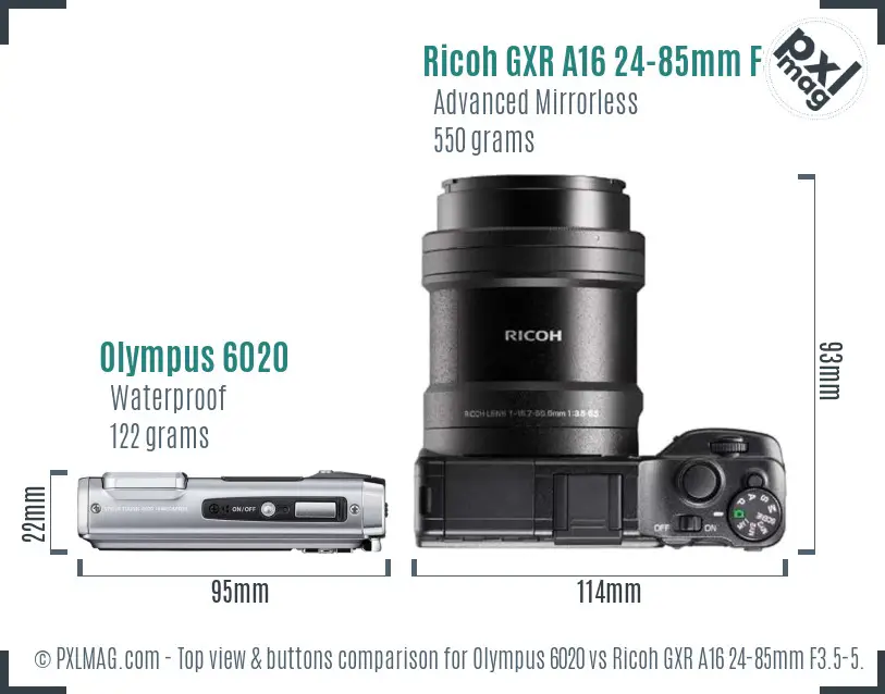 Olympus 6020 vs Ricoh GXR A16 24-85mm F3.5-5.5 top view buttons comparison