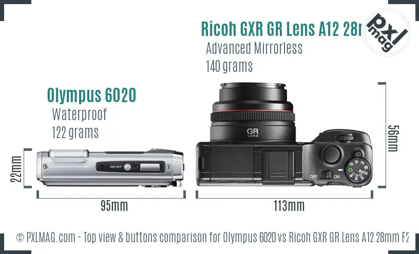 Olympus 6020 vs Ricoh GXR GR Lens A12 28mm F2.5 top view buttons comparison Olympus 6020 vs Ricoh GXR GR Lens A12 28mm F2.5 top view buttons comparison