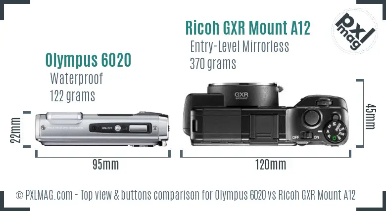 Olympus 6020 vs Ricoh GXR Mount A12 top view buttons comparison Olympus 6020 vs Ricoh GXR Mount A12 top view buttons comparison