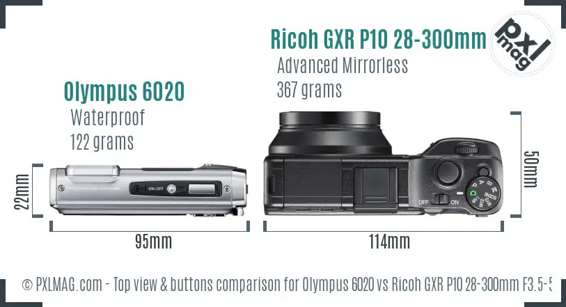Olympus 6020 vs Ricoh GXR P10 28-300mm F3.5-5.6 VC top view buttons comparison Olympus 6020 vs Ricoh GXR P10 28-300mm F3.5-5.6 VC top view buttons comparison