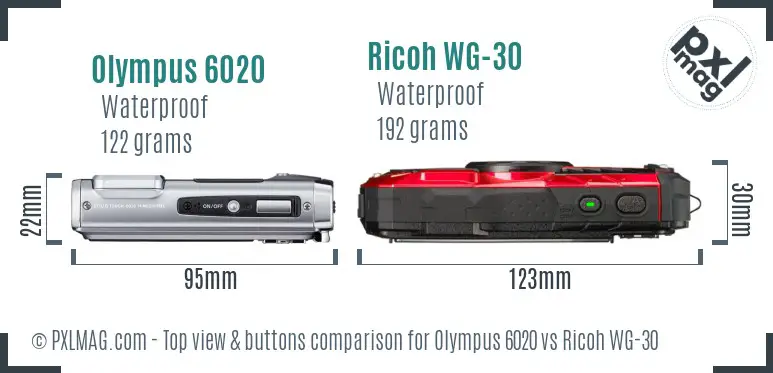 Olympus 6020 vs Ricoh WG-30 top view buttons comparison