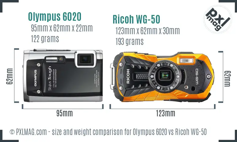 Olympus 6020 vs Ricoh WG-50 size comparison