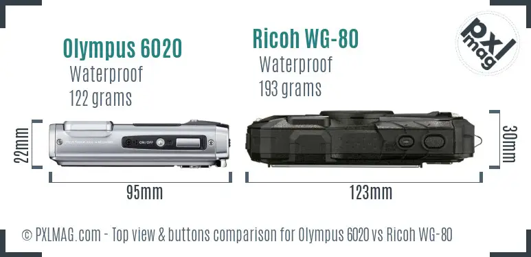 Olympus 6020 vs Ricoh WG-80 top view buttons comparison Olympus 6020 vs Ricoh WG-80 top view buttons comparison