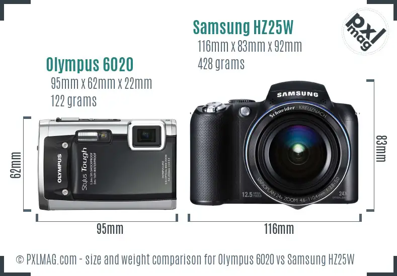 Olympus 6020 vs Samsung HZ25W size comparison
