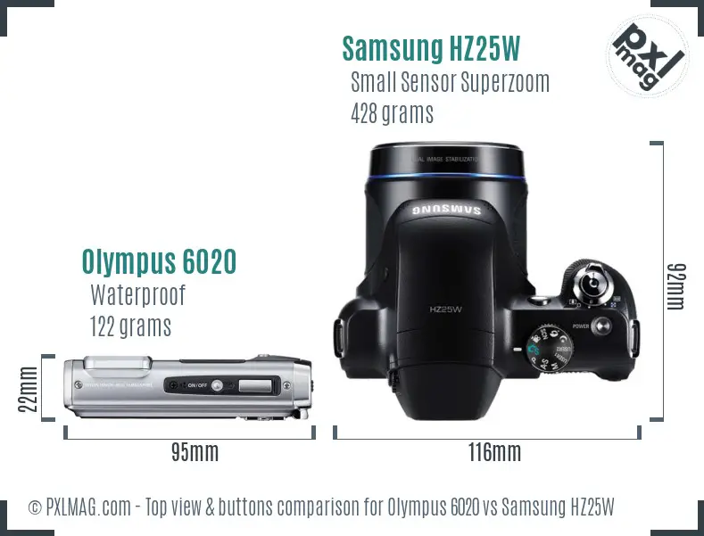 Olympus 6020 vs Samsung HZ25W top view buttons comparison