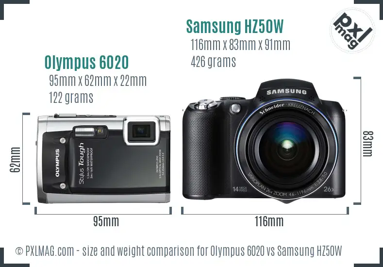 Olympus 6020 vs Samsung HZ50W size comparison