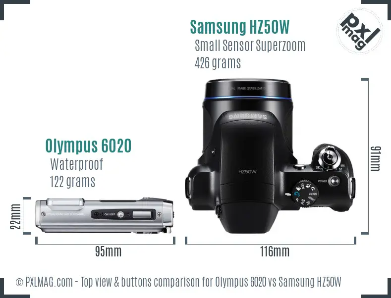 Olympus 6020 vs Samsung HZ50W top view buttons comparison