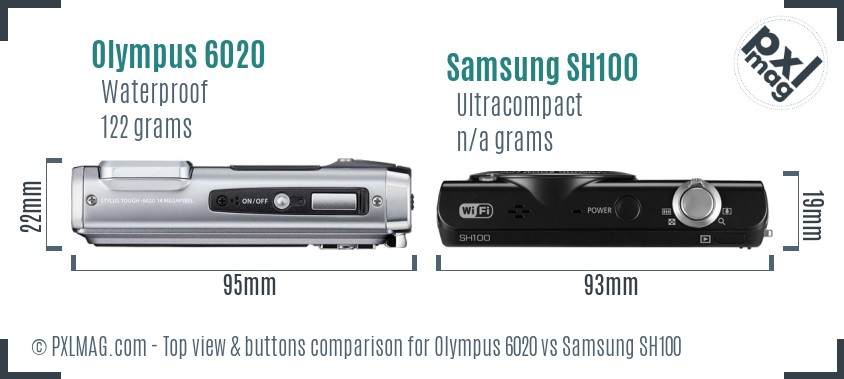 Olympus 6020 vs Samsung SH100 top view buttons comparison