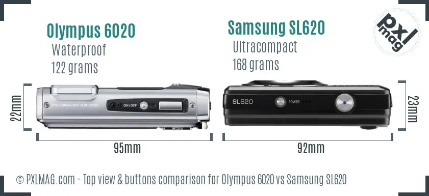 Olympus 6020 vs Samsung SL620 top view buttons comparison Olympus 6020 vs Samsung SL620 top view buttons comparison