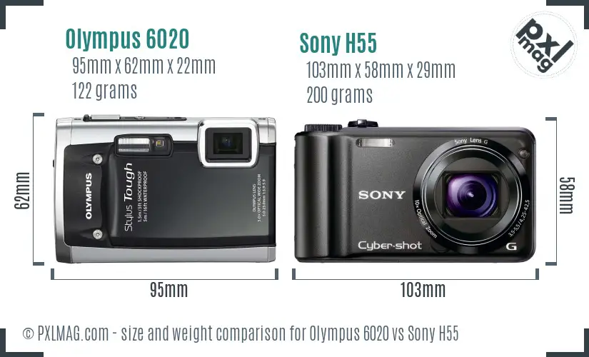 Olympus 6020 vs Sony H55 size comparison
